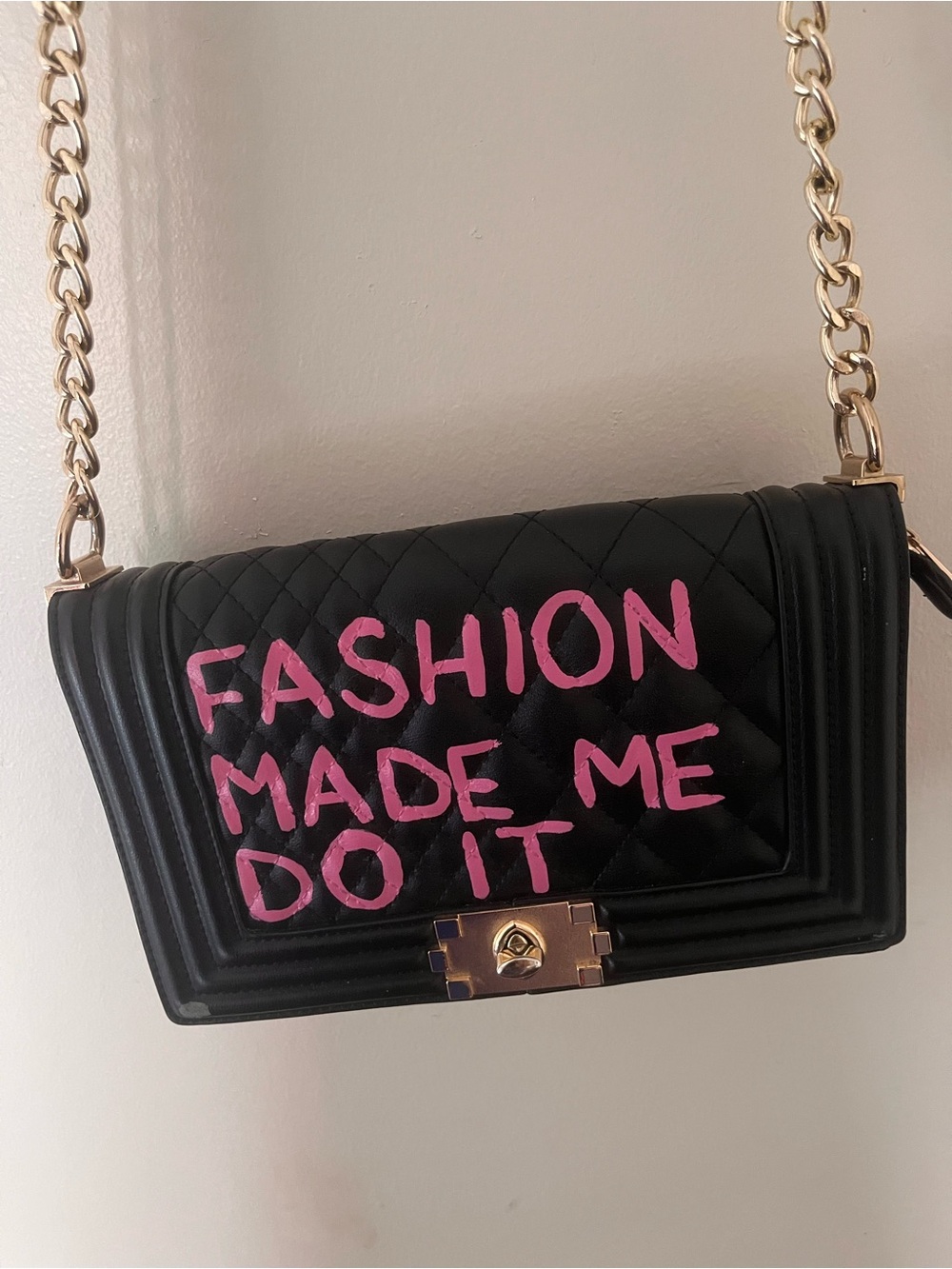 Black Quilted Crossbody Bag with Pink Script